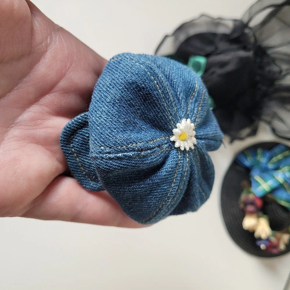 VTG Doll Hats Lot Straw Bonnet Cherries Witch Veil Denim Cap Fits 8